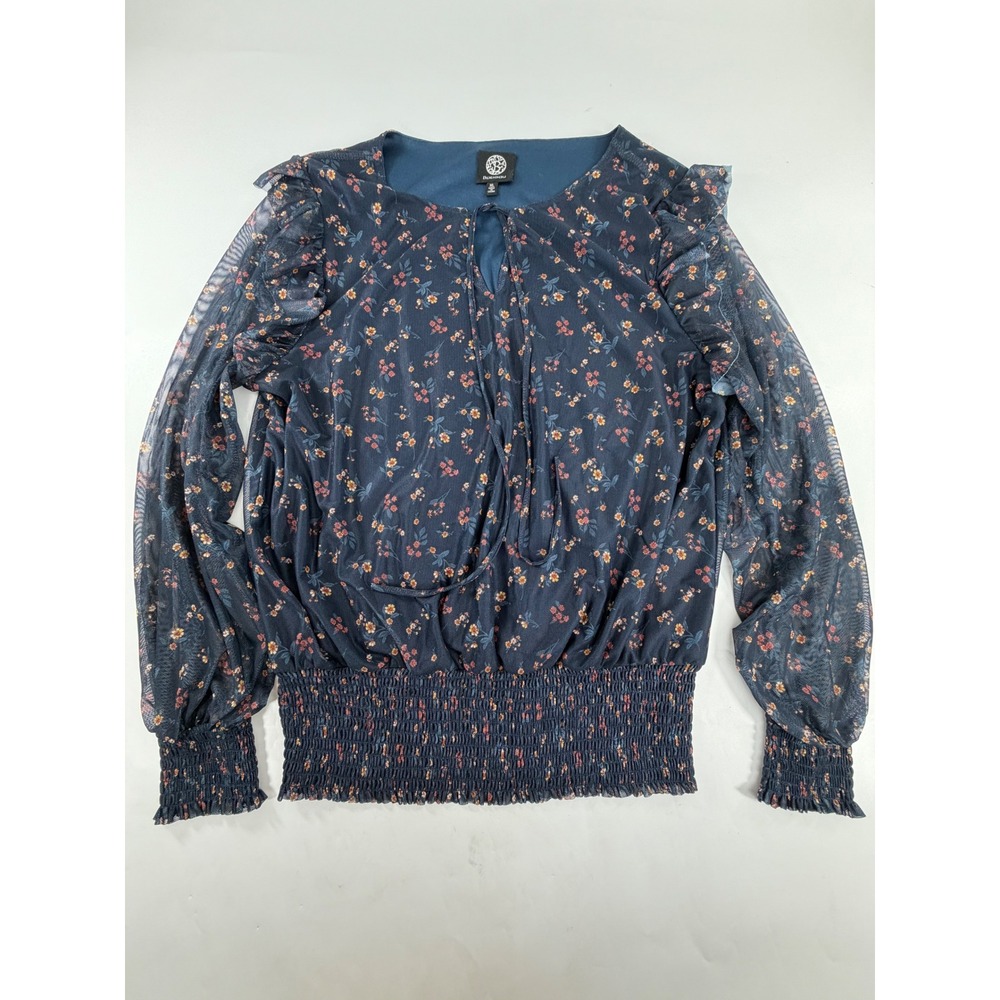 Bobeau Navy Blue Floral Mesh Smocked Waist Ruffle Long Sleeve Blouse XL